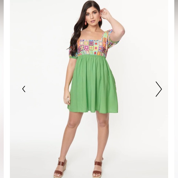 Smak Parlour for Unique Vintage NWT Lime Green & Quilt Pattern Babydoll Dress - Picture 2 of 5